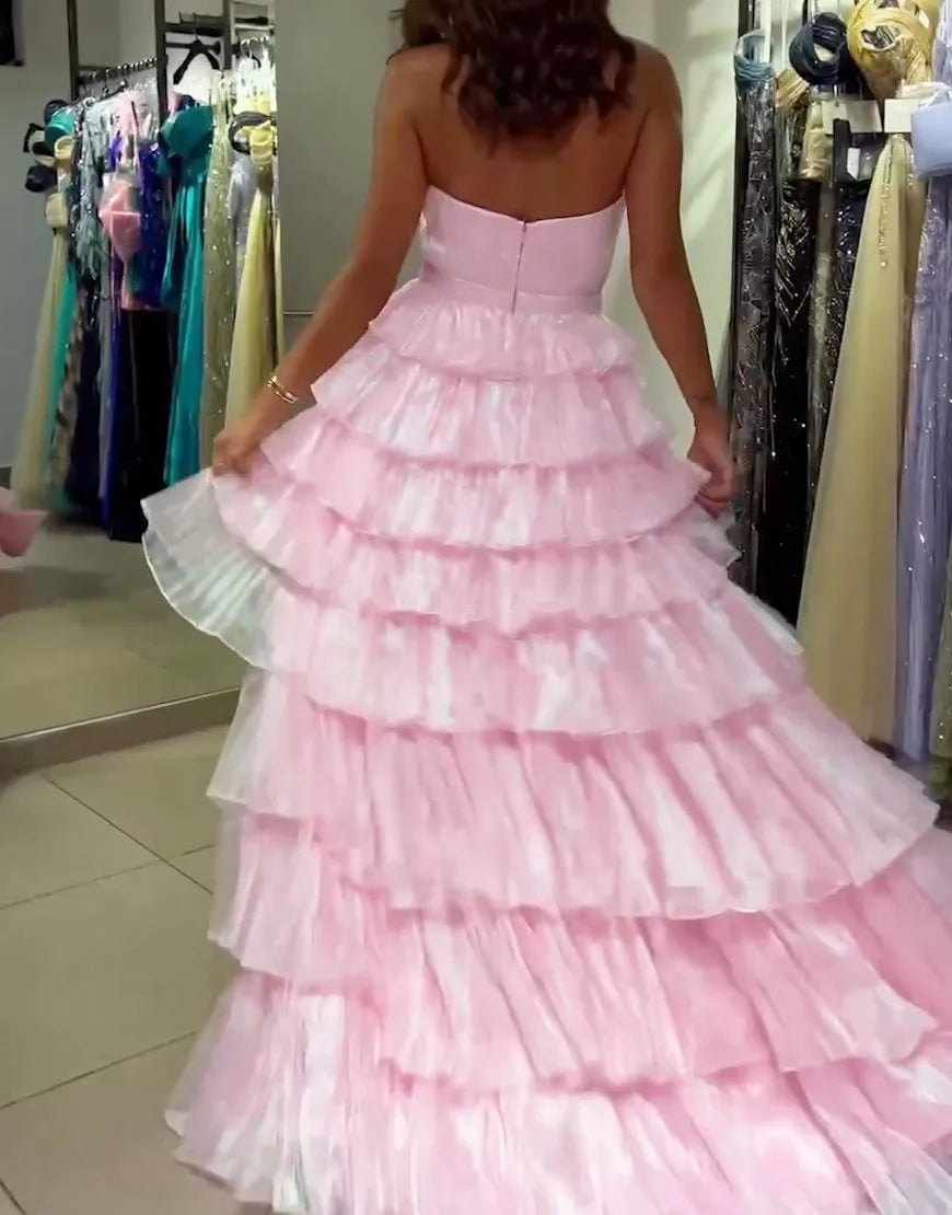 Wholesa A-Line V-Neck Ruffles Tulle Pink formal dresses evening dress Prom Dress
