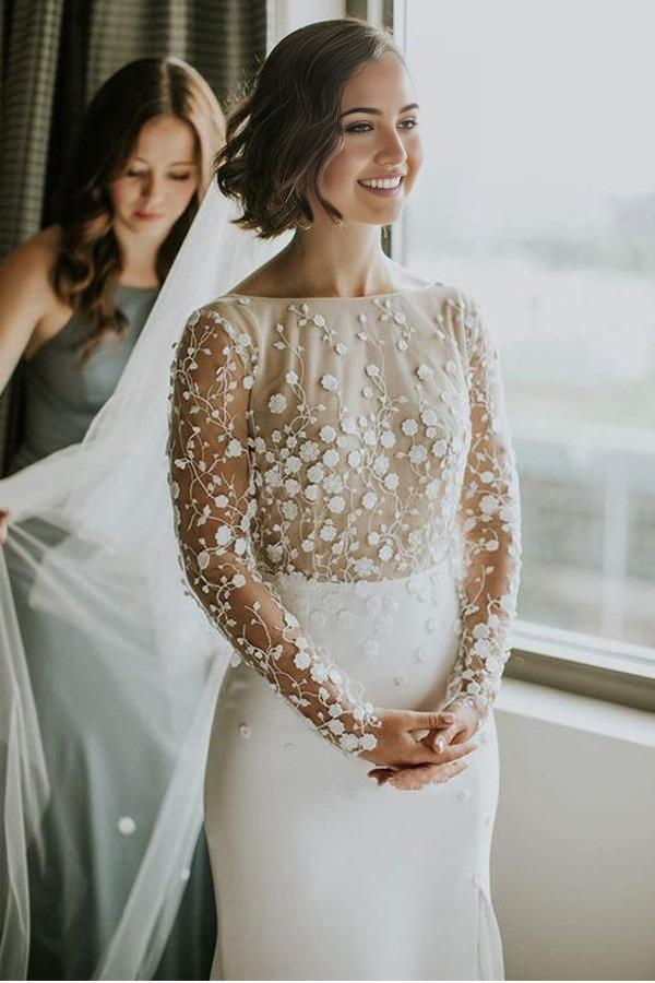 Wholesa Mermaid Long Sleeves Scoop Neck Open Back Lace Wedding Dresses with Split