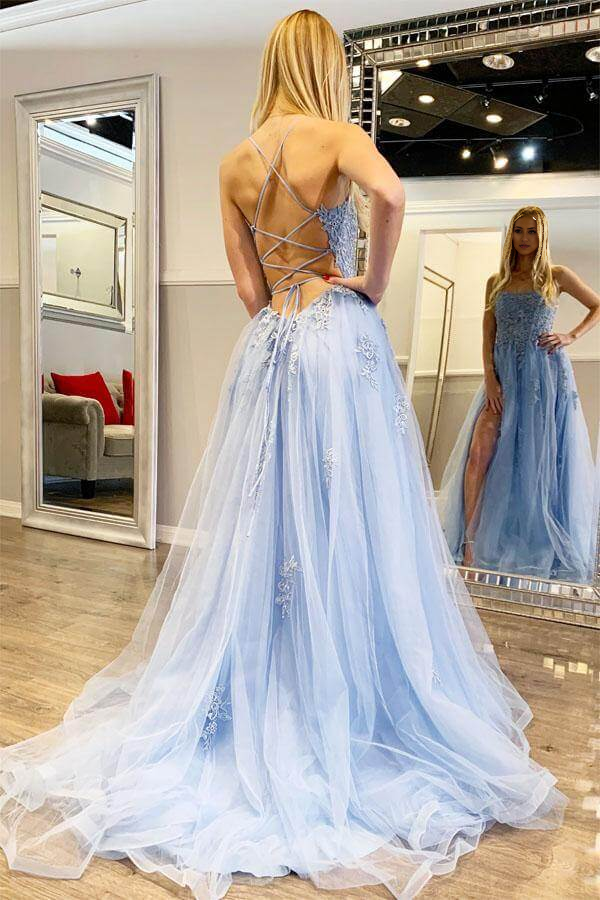 Wholesa Spaghetti Straps Tulle Lace Appliques Long Prom Dresses With Slit