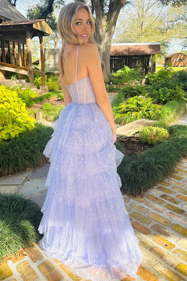 Wholesa A-line Tulle Sequin Ruffle Tiered Long Prom Dress Formal Dress
