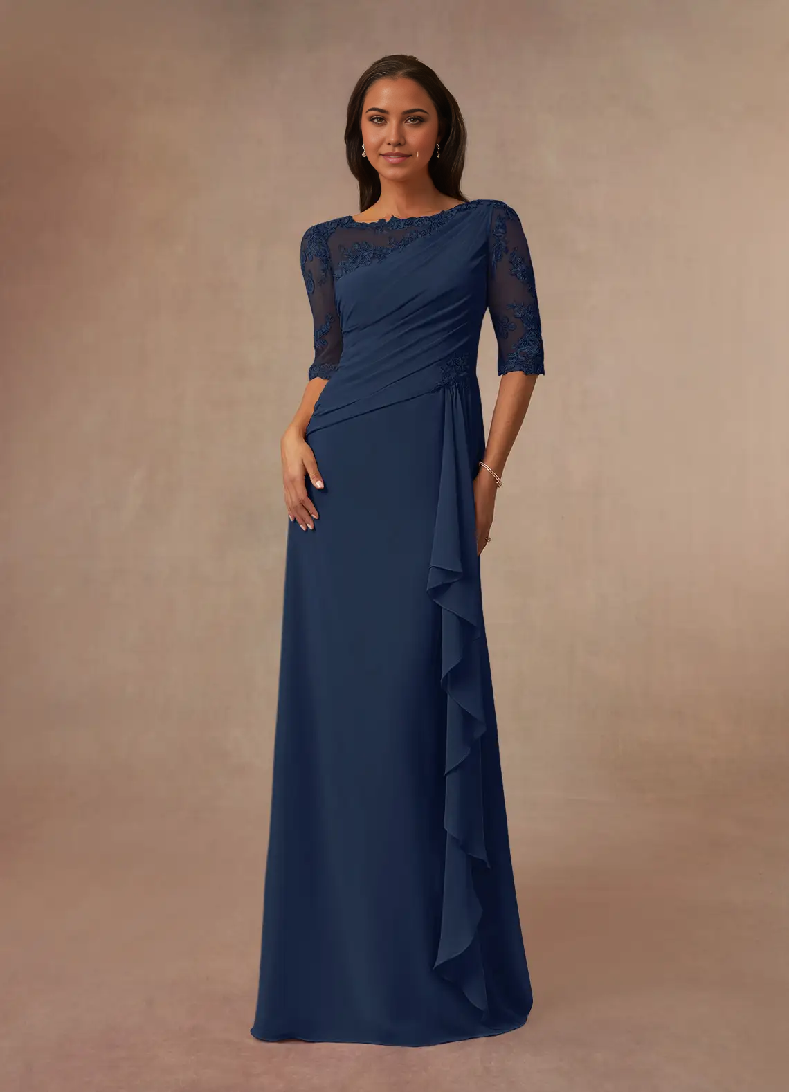 Wholesa A-Line Boatneck Lace Chiffon Dark Navy formal dresses evening dress Mother of the Bride Dresses
