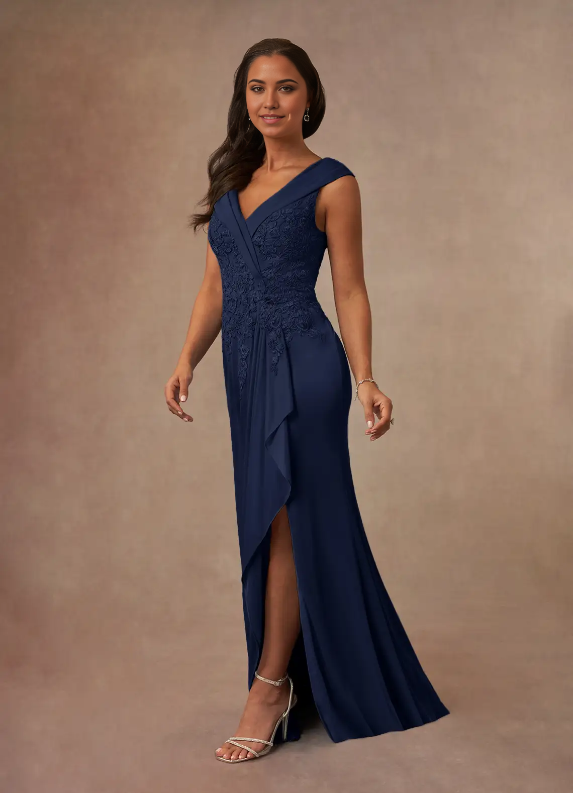 Wholesa A-Line V-Neck Lace Dark Navy Mother of the Bride Dresses