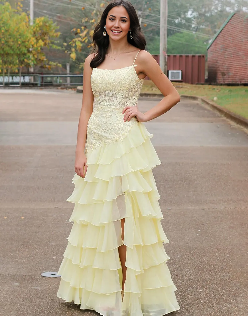 Wholesa Sheath Sparkly Spaghetti Straps Appliques Ruffles Yellow Long formal dresses evening gown Prom Dress with Slit