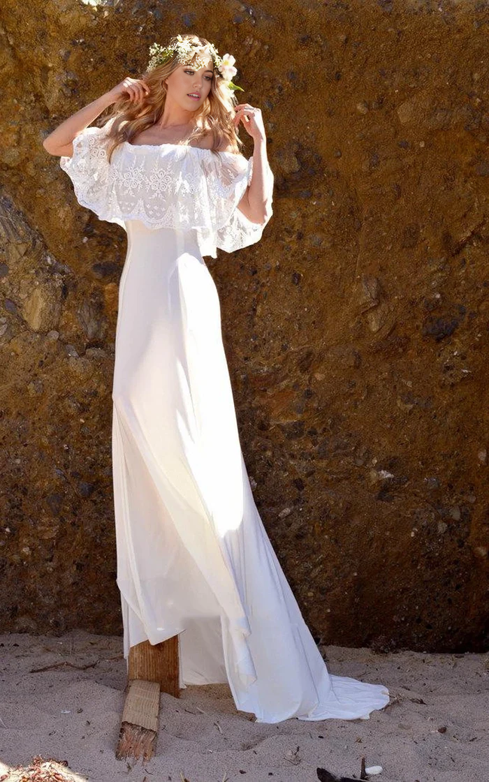 Wholesa A-line Off-The-Shoulder Lace Jersey Dress With Embroideries Ruffles