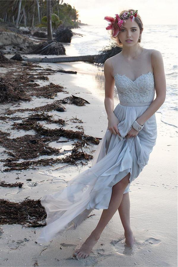 Wholesa Beach Illusion Neckline Sheer Back Lace Chiffon Wedding Dress