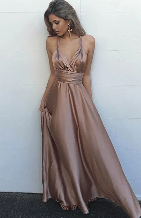 Wholesa Simple V-Neck Criss-Cross Straps Prom Dresses With Pleats