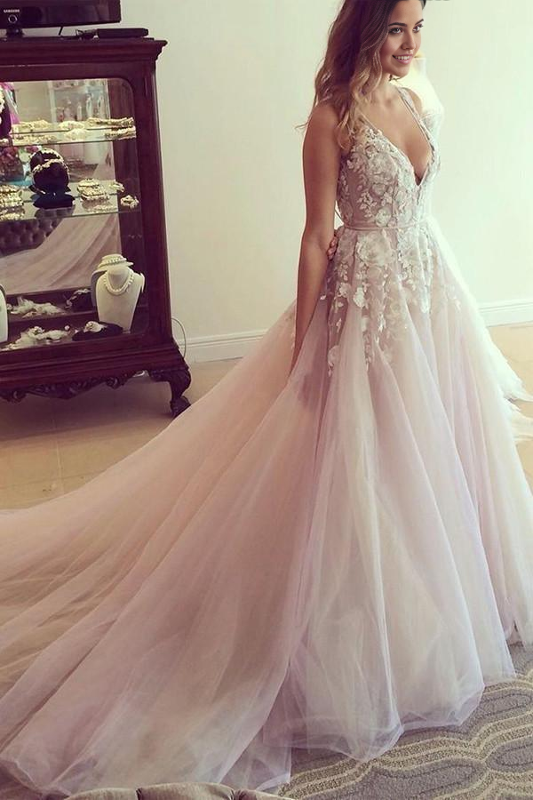Wholesa A-line Scoop V-neck Long Wedding Dress Prom Dress with Appliques