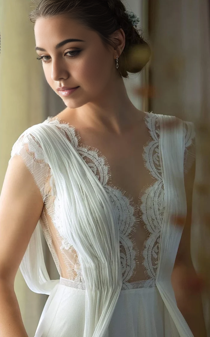 Wholesa A-Line Neckline Chiffon Lace Wedding Dress With Open Back And Pleats