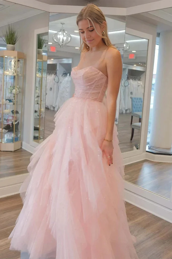 Wholesa Strapless Sequin Beaded Tulle Stunning Prom Dress