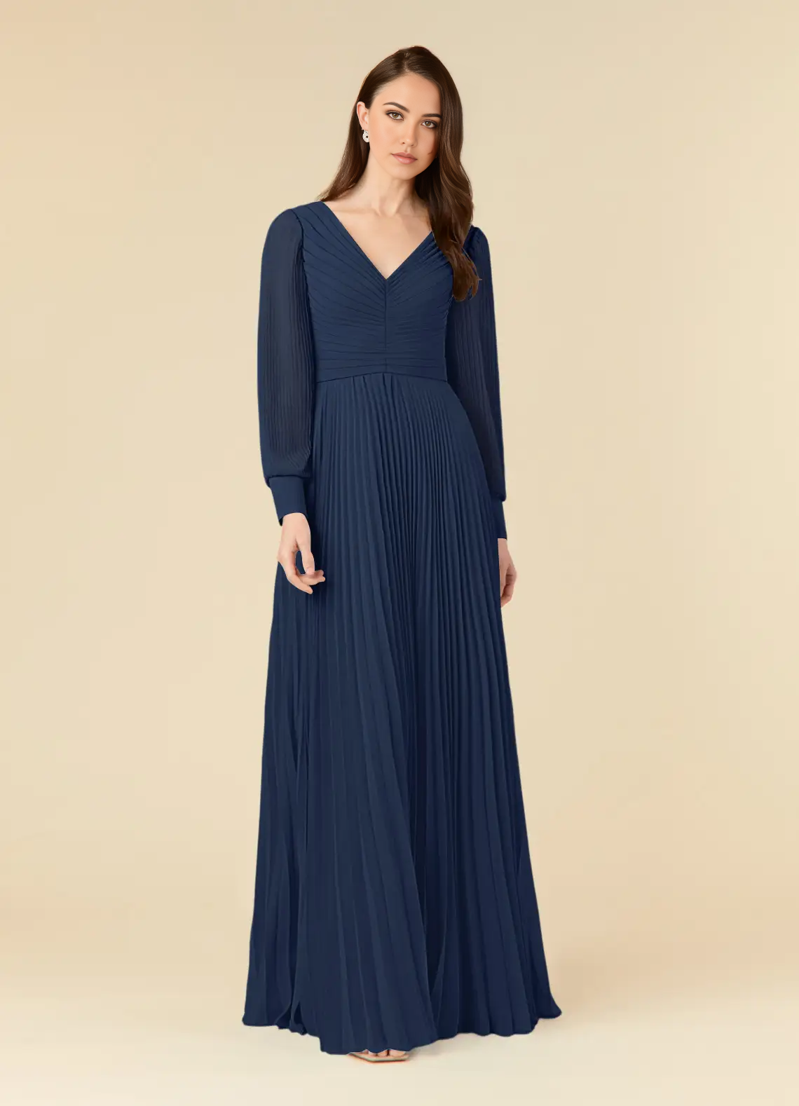 Wholesa A-Line V-Neck Long Sleeve Pleated Chiffon Dark Navy formal dresses evening dress Mother of the Bride Dresses