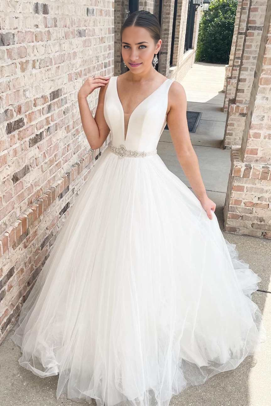 Wholesa A-Line V-Neck Long Wedding Dress with Sashes