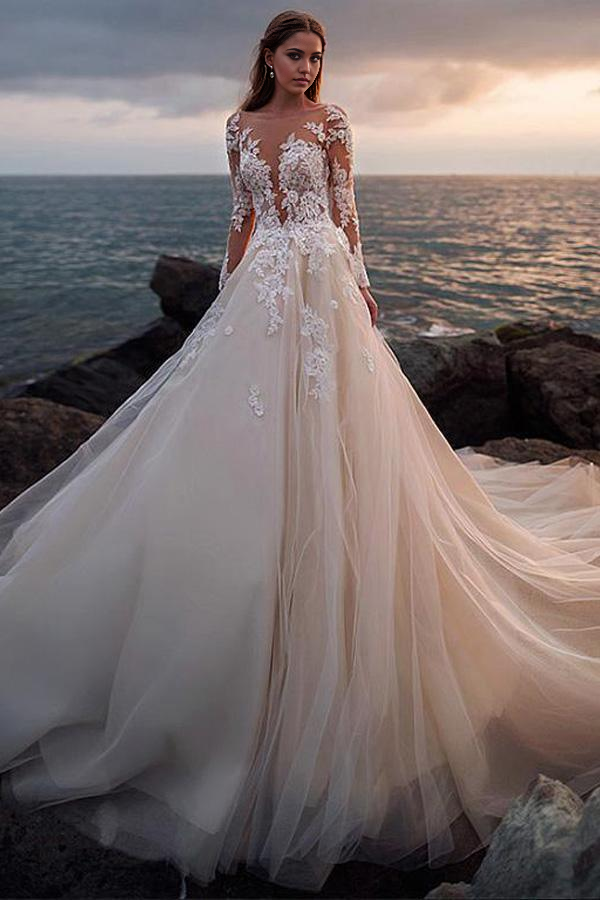 Wholesa A-line Beach Ivory Tulle Wedding Dress with Illusion Lace Long Sleeves