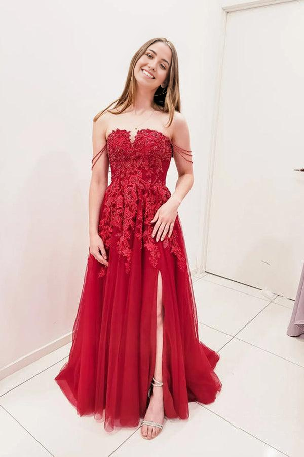 Wholesa A-line Tulle Sweep Train Prom Dresses With Beaded Sequins