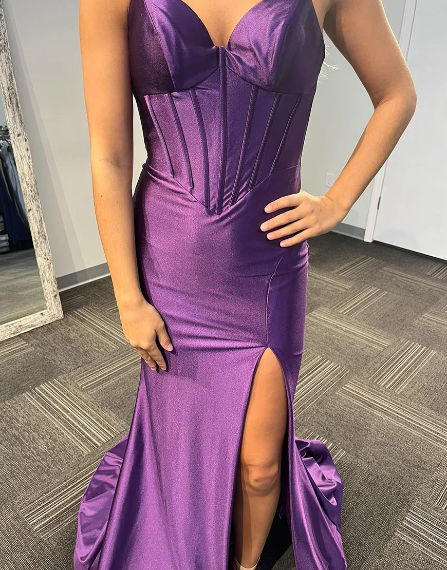 Wholesa Mermaid Double Spaghetti Straps Corset Satin Purple Long formal dresses evening gown Prom Dress with Slit