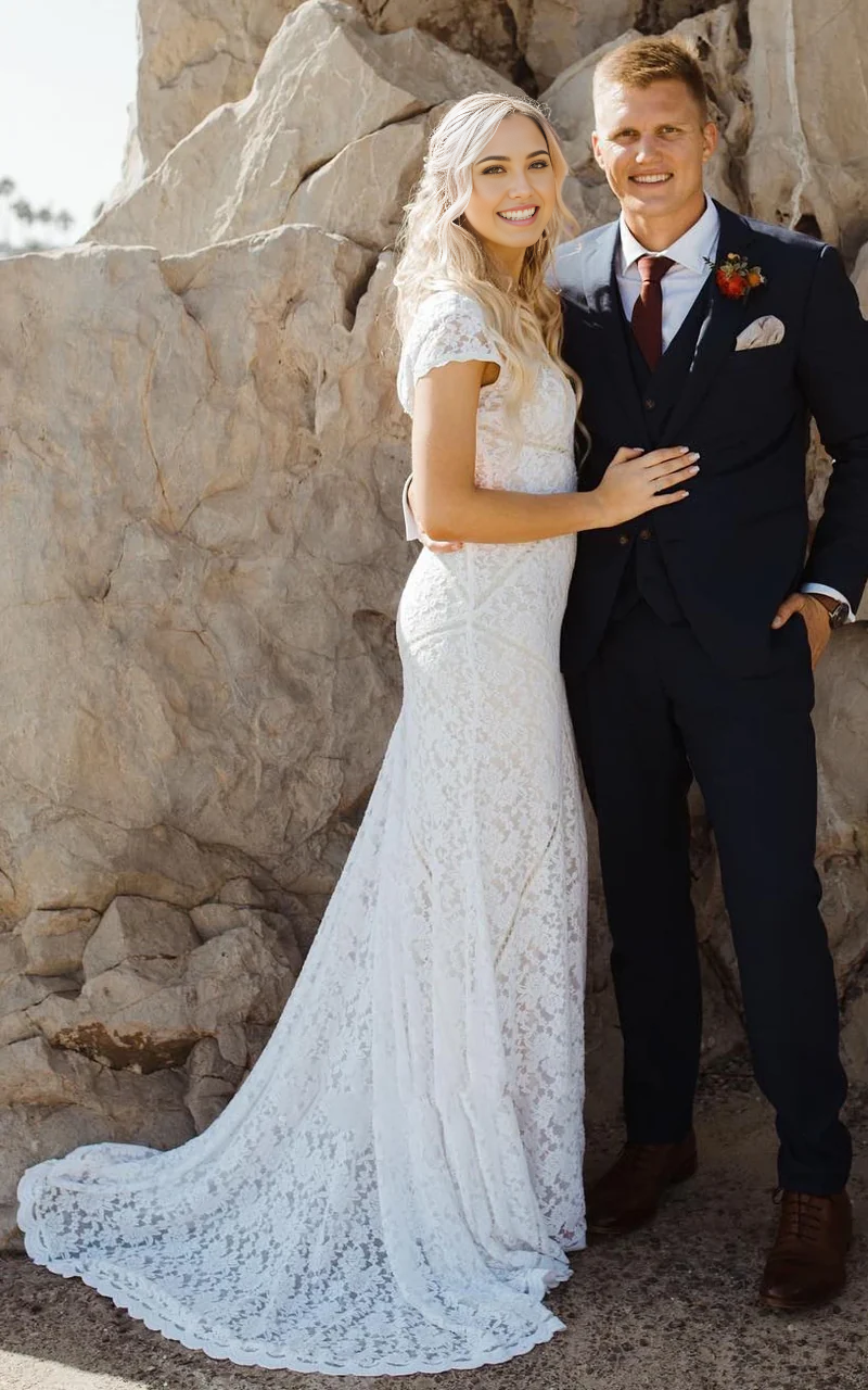 Wholesa Sheath Square V-neck Lace Wedding Dress with Short Sleeve Sweep Train
