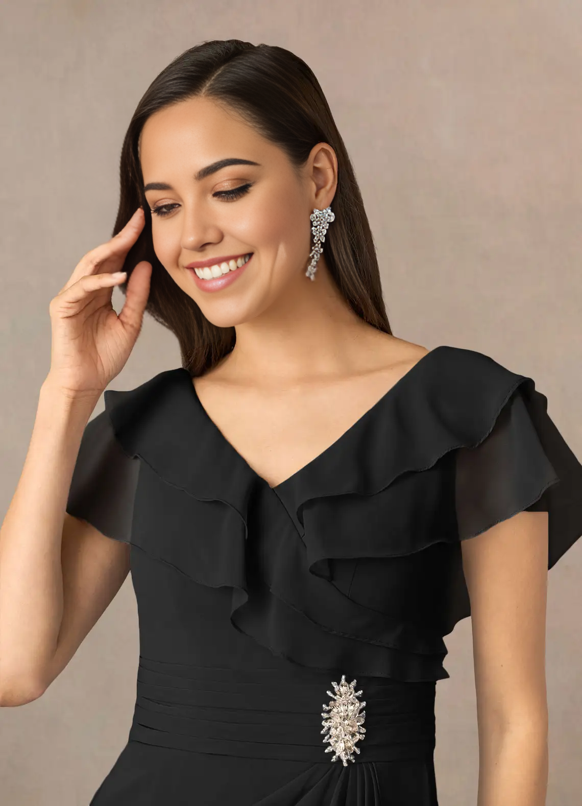 Wholesa A-Line V-Neck Ruched Chiffon Black Mother of the Bride Dresses
