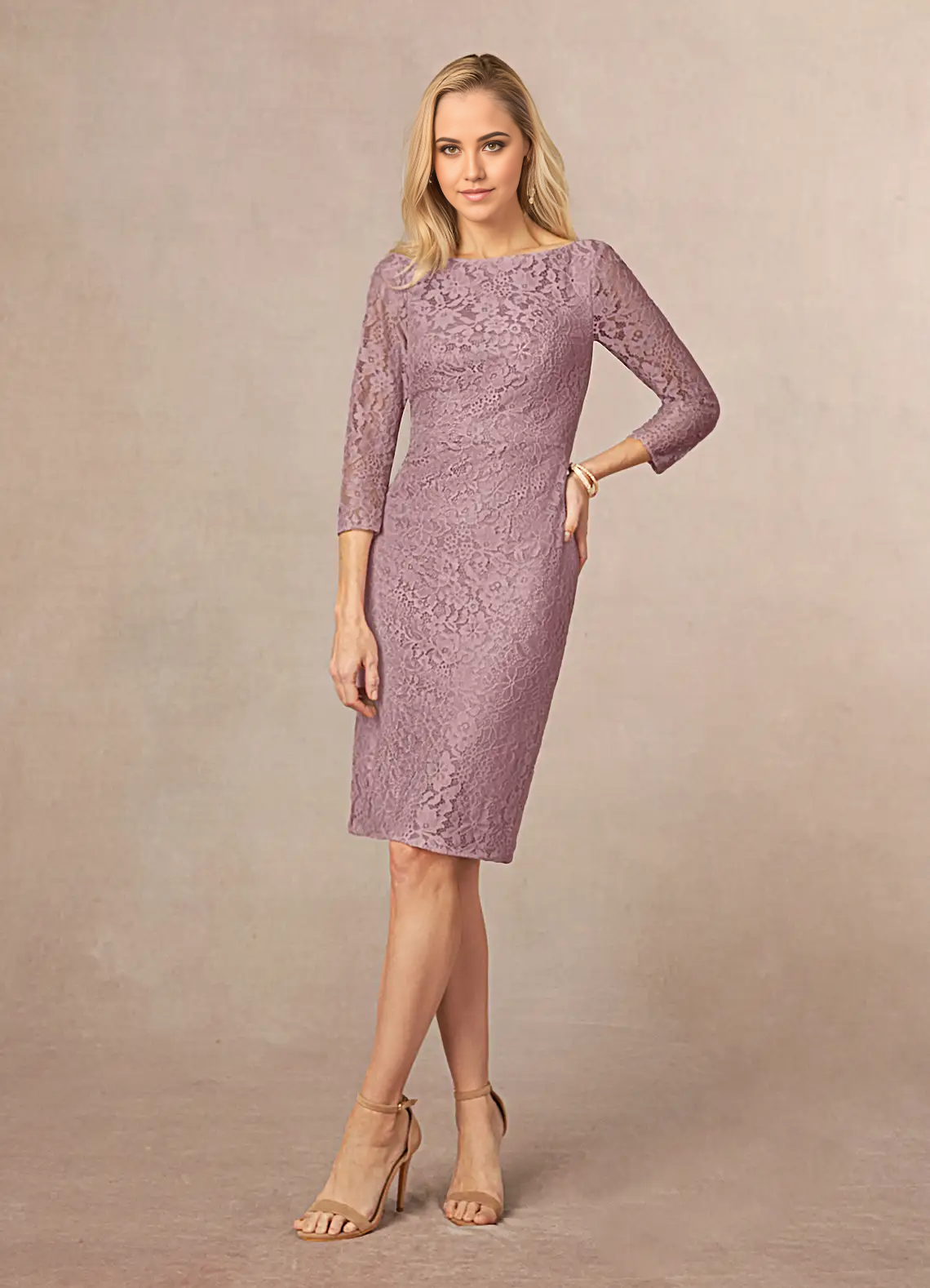 Wholesa Sheath Lace Tea Length Dusty Rose formal dresses evening dress Mother of the Bride Dresses