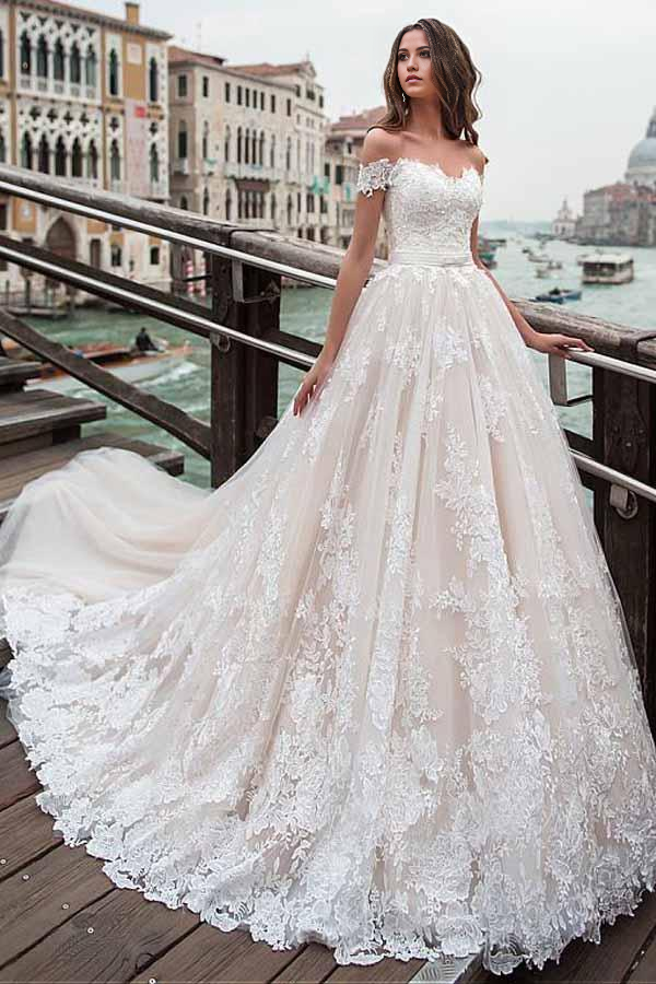 Wholesa A-line Off-the-shoulder Appliques Neckline Wedding Dress With Lace