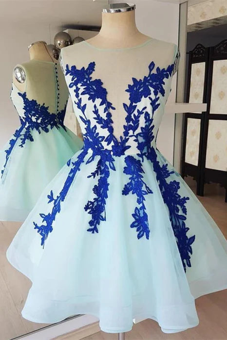 CNTNZ DRESS Hot Sale Homecoming Dress A Line Sheer Round Neck Sleeveless Short Appliques Short Prom Dress