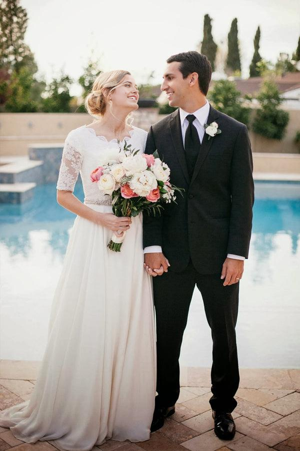 Wholesa A-line Through Backless 3/4 Sleeve See Lace Chiffon Wedding Dresses