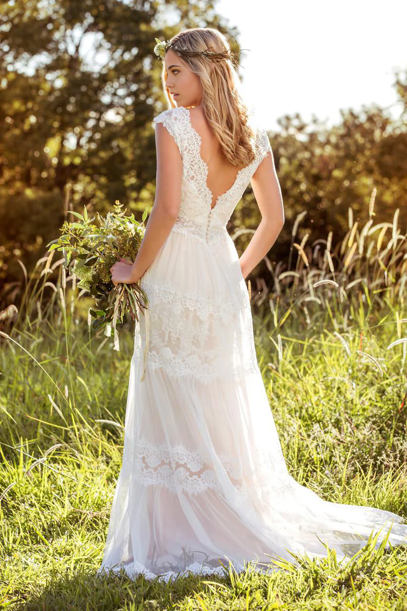 Wholesa A-line V-Neck Long Cap-Sleeve Appliqued Lace Tulle Wedding Dress