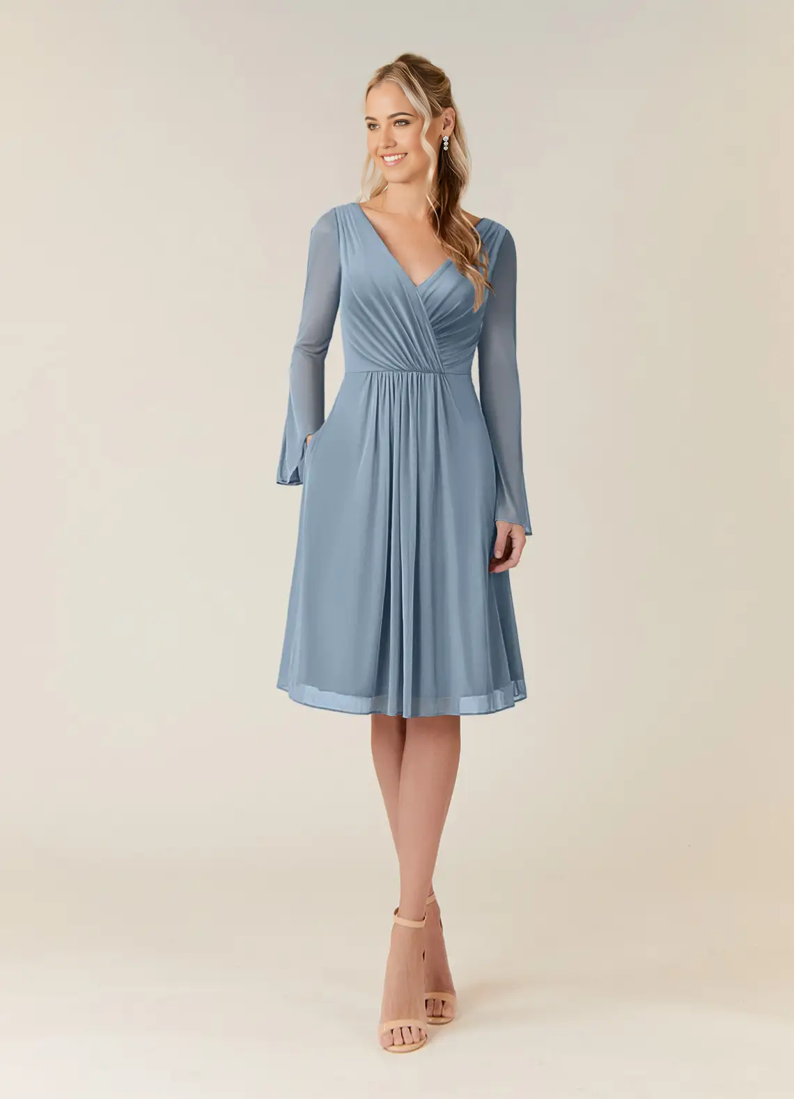Wholesa A-Line V-Neck Long Sleeve Pleated Dusty Blue formal dresses evening dress Mother of the Bride Dresses