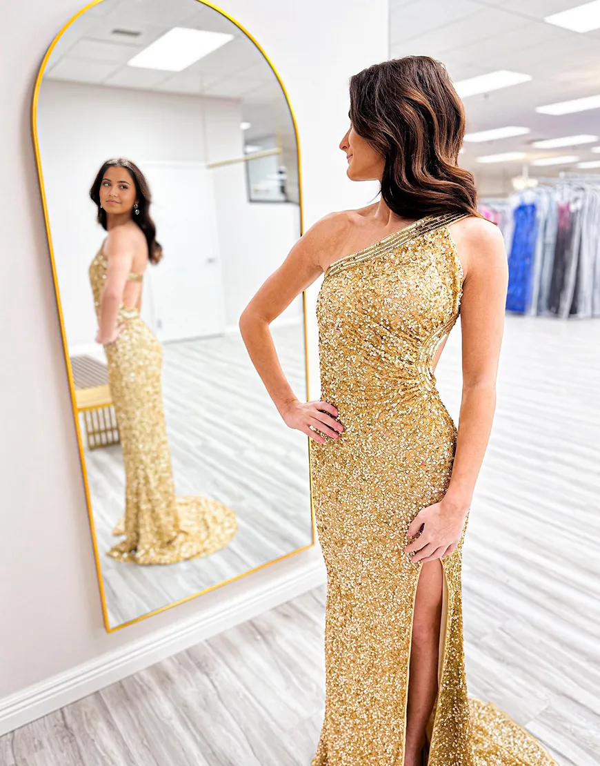 Wholesa Mermaid One Shoulder Sparkly Gold Sequins Long formal dresses evening dress Prom Dress with Slit