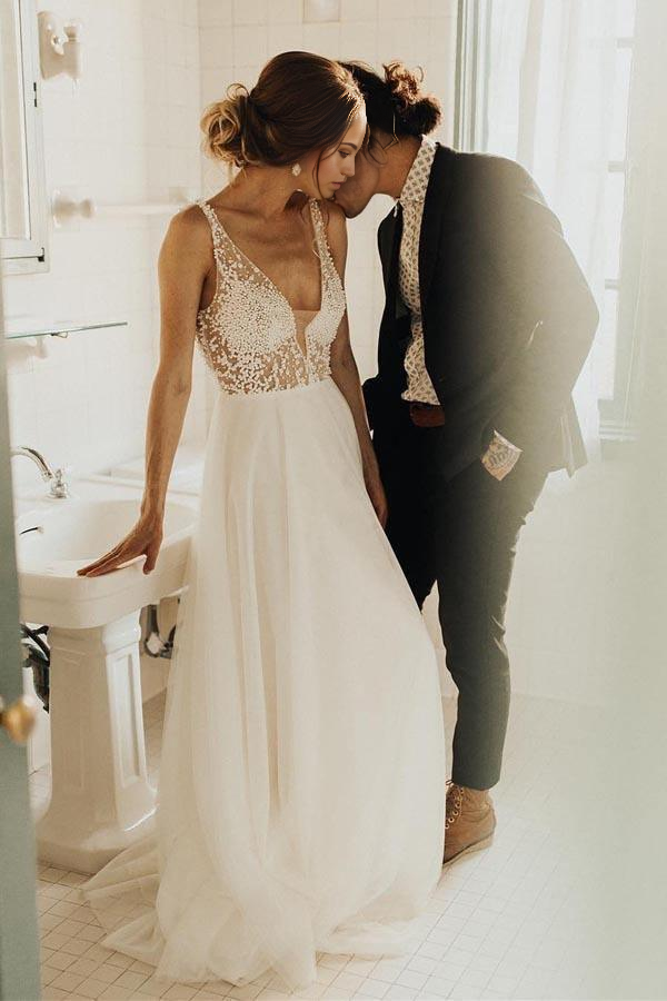 Wholesa Beach See Through Pearl Beaded Ivory Wedding Dresses