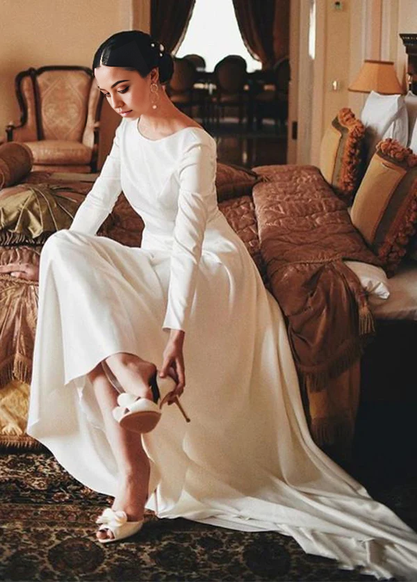 Wholesa A-Line Bateau Neckline Long Sleeves Vintage Satin Bridal Gown Wedding Dresses
