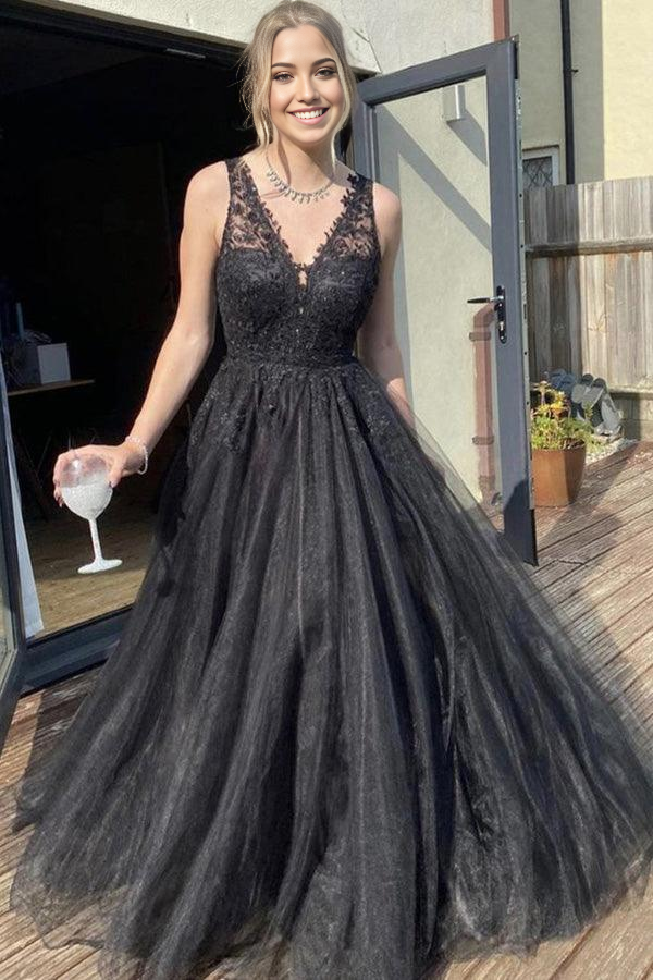 Wholesa A Line V Neck Tulle Black Prom Dress Formal Dress
