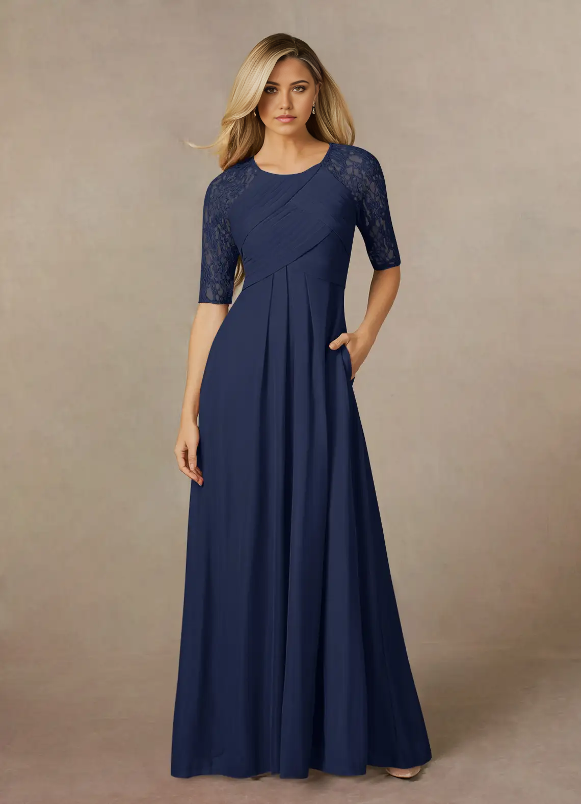 Wholesa A-Line Crew Neck Lace Dark Navy formal dresses evening dress Mother of the Bride Dresses