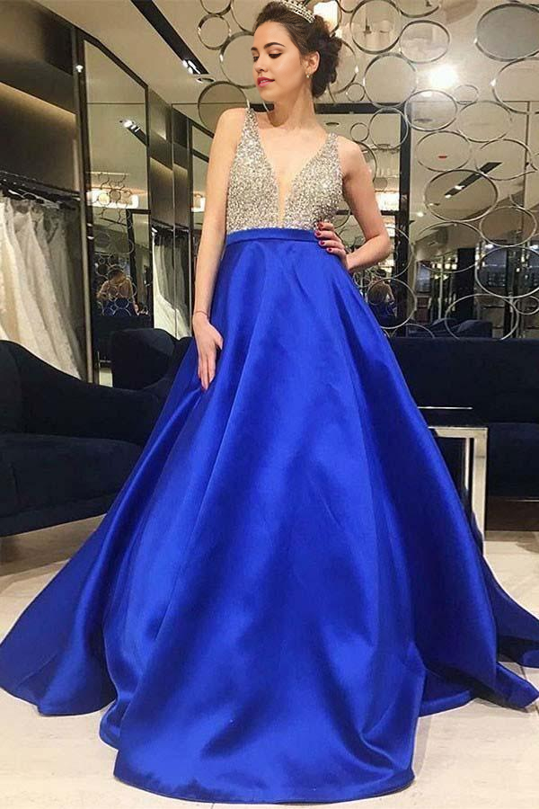 Wholesa A-Line V-Neck Low Cut Royal Blue Satin Prom Dress Evening Dress with Beading