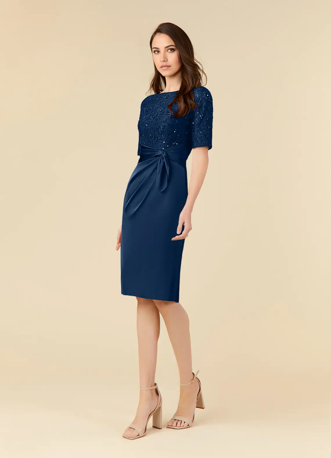 Wholesa Sheath Sequins Lace Tea Length Dark Navy formal dresses evening dress Mother of the Bride Dresses