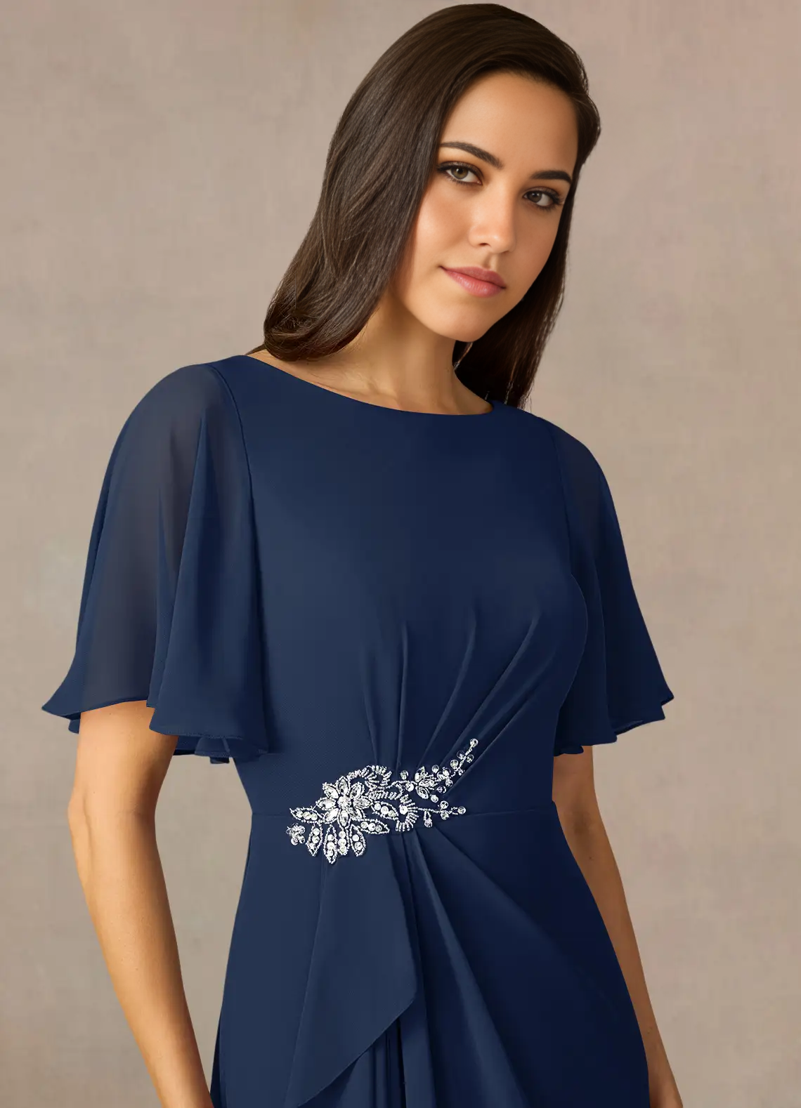 Wholesa Sheath Crew Neck Beaded Chiffon Dark Navy formal dresses evening dress Mother of the Bride Dresses