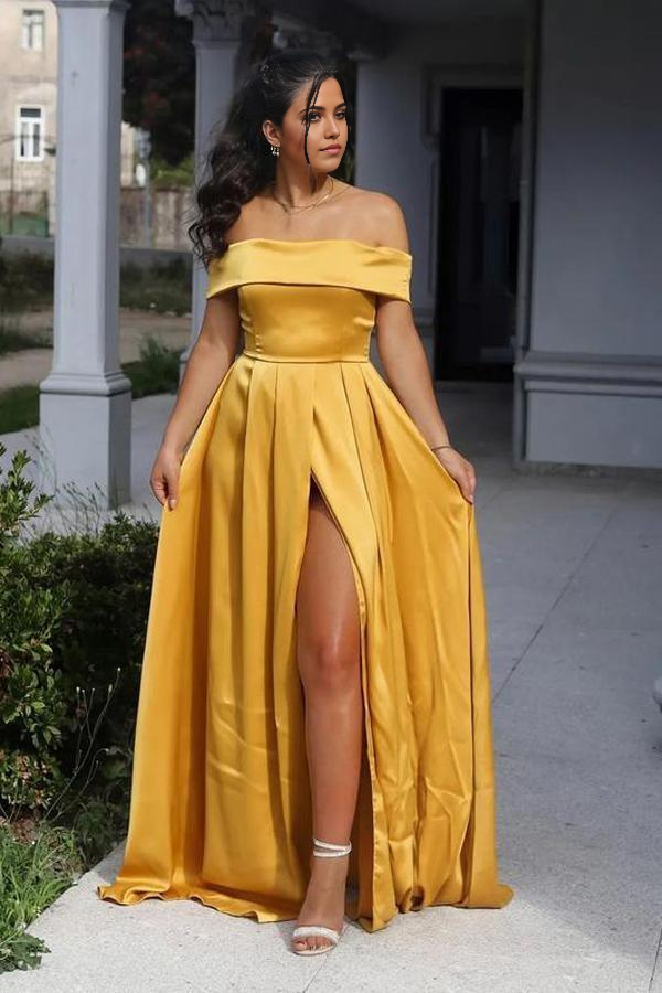 Wholesa A-line Off-the-shoulder Neckline Satin Prom Dresses Evening Dresses