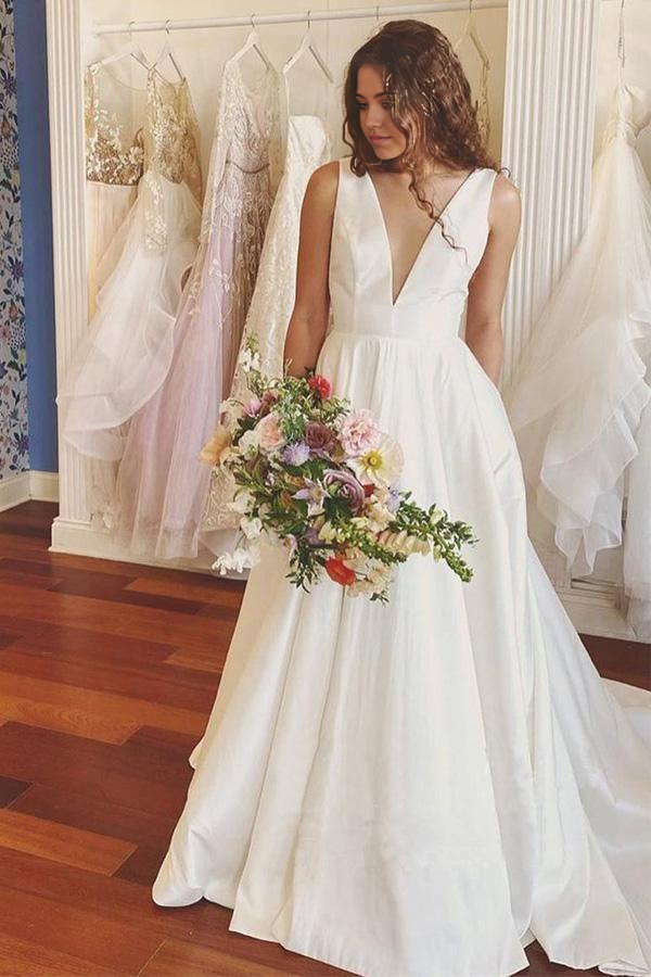 Wholesa A-line Simple Elegant V Neck Ivory Satin Wedding Dresses