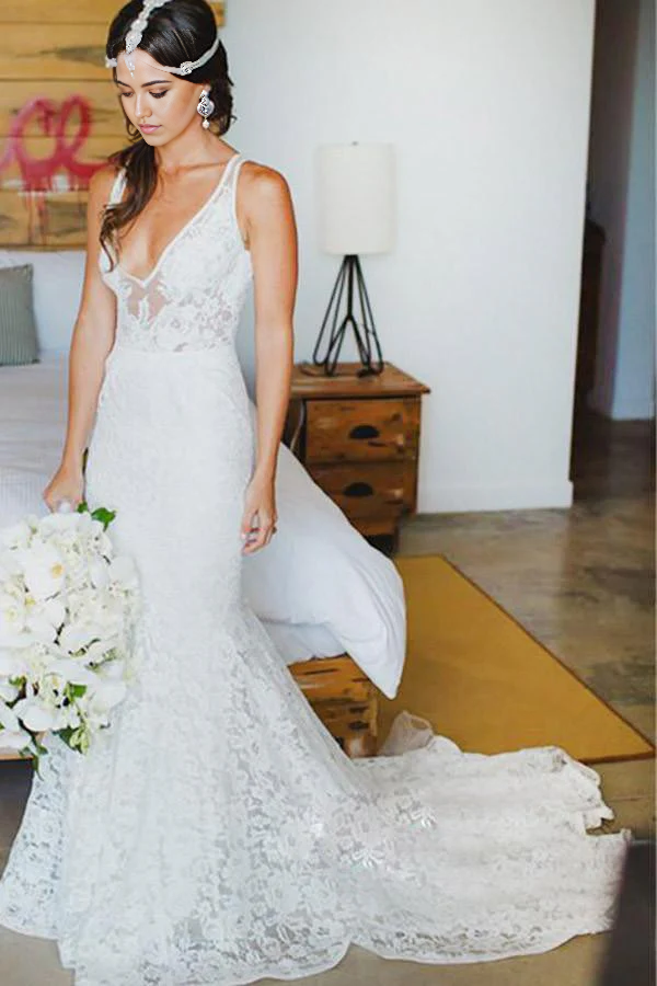 Wholesa Beach Mermaid Lace V-neck Court Train Wedding Dress