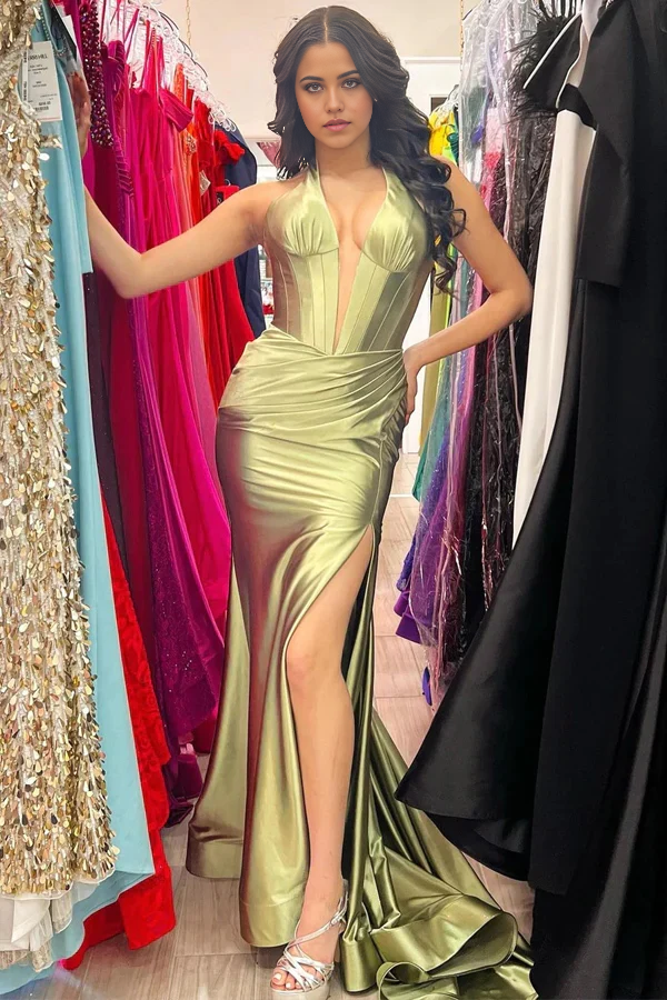 Wholesa Mermaid Halter Long Prom Dress with Slit