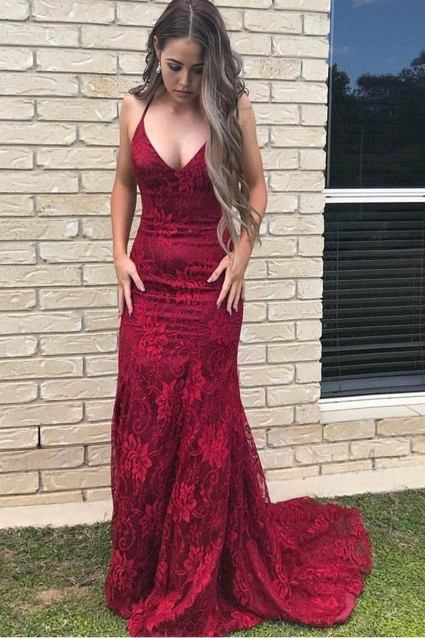 Wholesa Mermaid Spaghetti Straps Lace Backless Burgundy Prom Dress