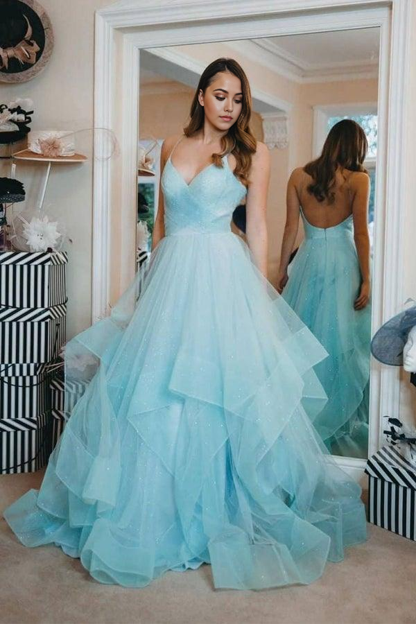 Wholesa Sparkly Straps Ruffles Blue Long Prom Dresses Evening Dress with Open Back