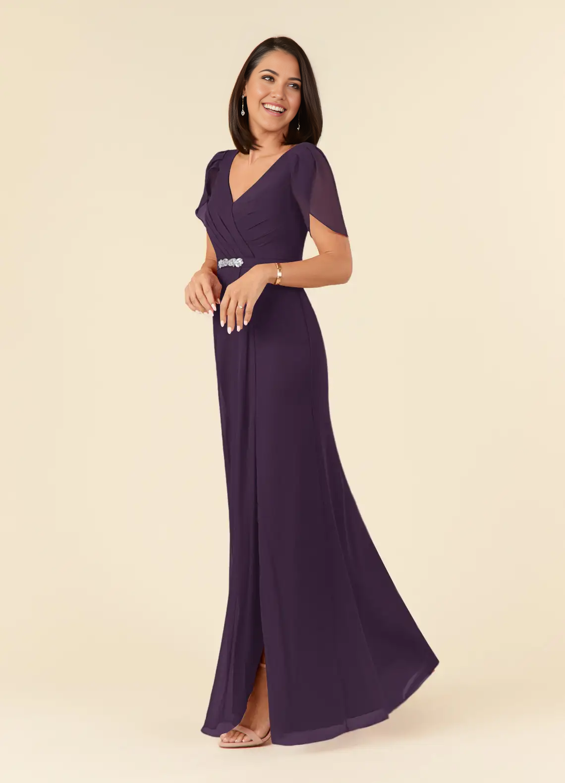 Wholesa Sheath V-Neck Pleated Chiffon Plum Mother of the Bride Dresses