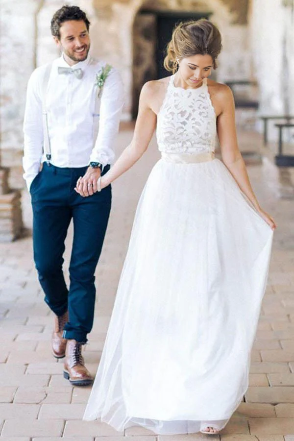 Wholesa Simple Floor-Length Jewel Sleeveless Lace Top Wedding Dress