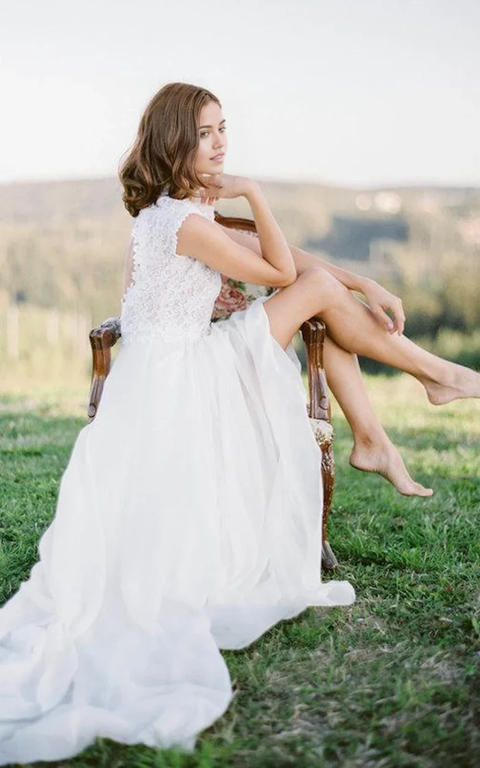 Wholesa Boho Lace Floor-Length Cap Dress Wedding Dresses With Keyhole Back
