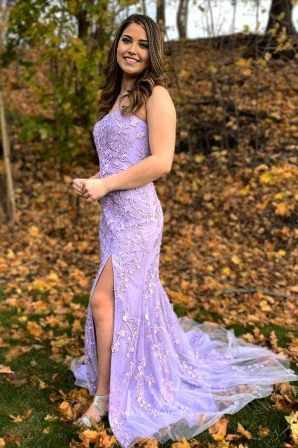 Wholesa Mermaid Strapless Sky Blue Split Prom Dresses Formal Dress With Lace
