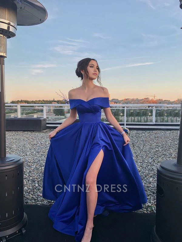Wholesa A-Line Off Shoulder Satin Pretty Royal Blue formal dresses Bridesmaid Dresses evening gown Prom Dress
