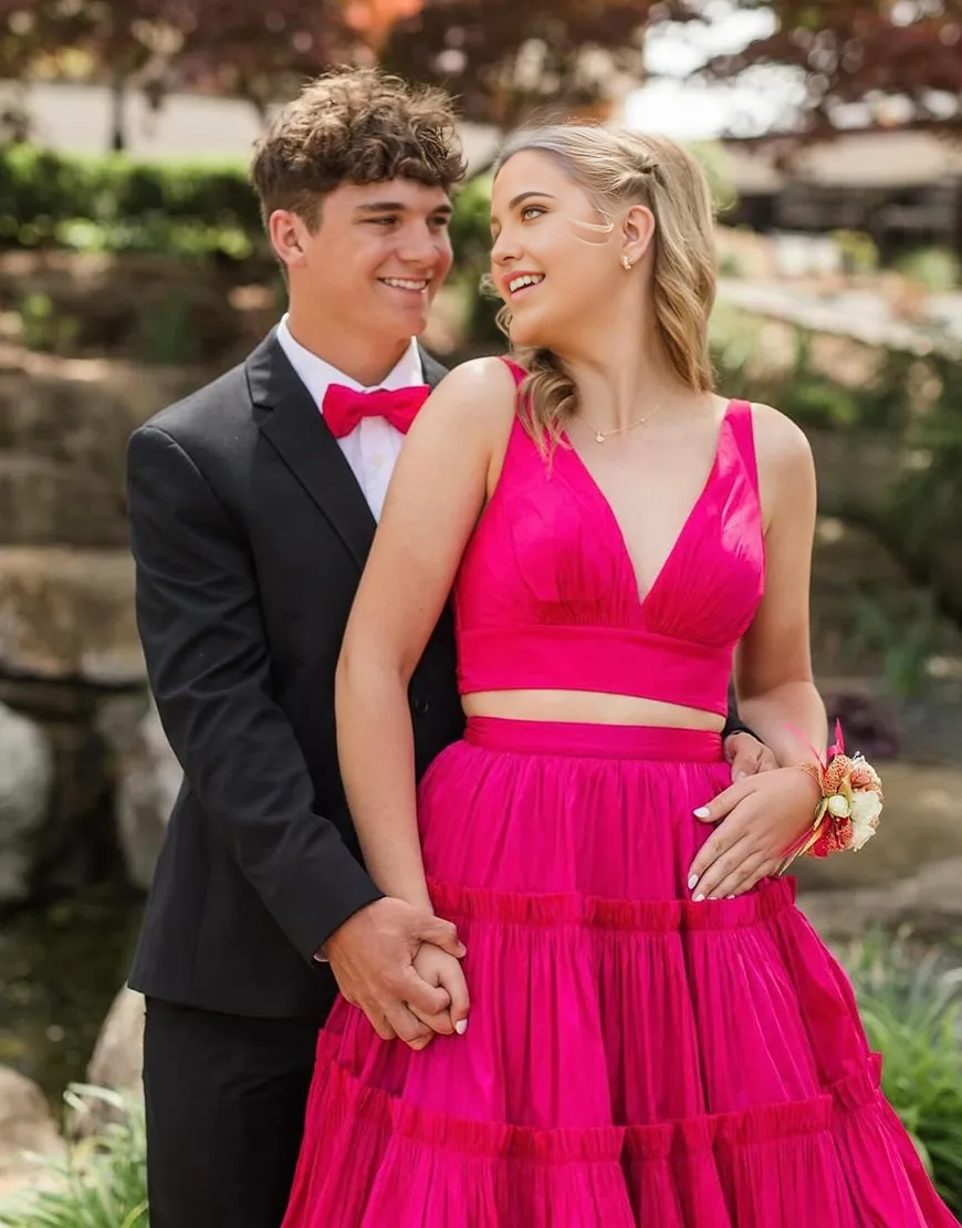 Wholesa Two Piece A-Line V Neck  Ruffled Fuchsia formal dresses evening dress Long Prom Dress