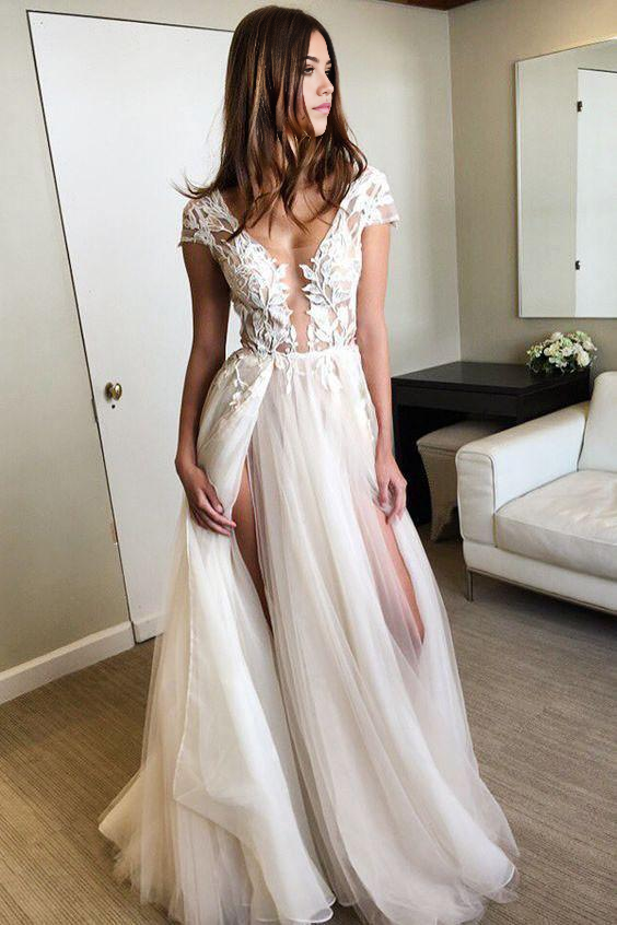 Wholesa A-line Cap Sleeve Deep V-neck Appliques Sexy Split Wedding Dresses