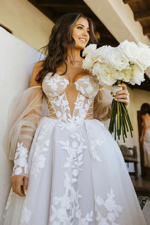 Wholesa Bohemian Off The Shoulder Long Sleeves Lace Appliques Wedding Dress
