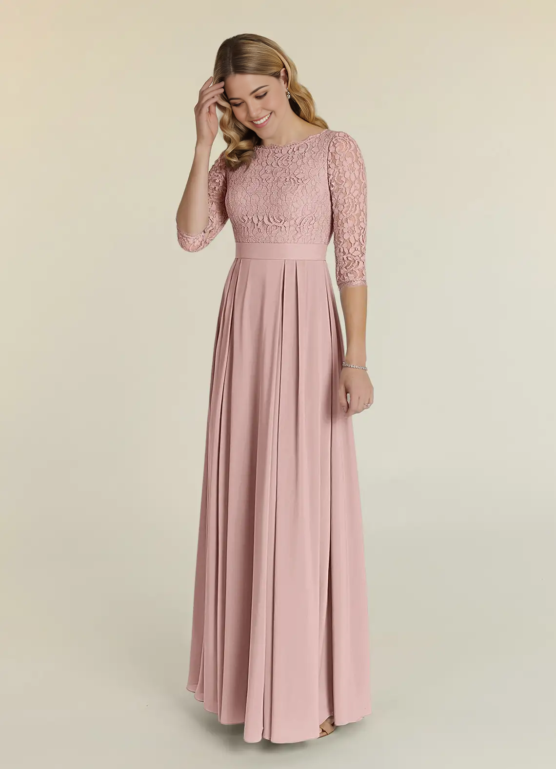 Wholesa A-Line Crew Neck Lace Dusty Rose formal dresses evening dress Mother of the Bride Dresses