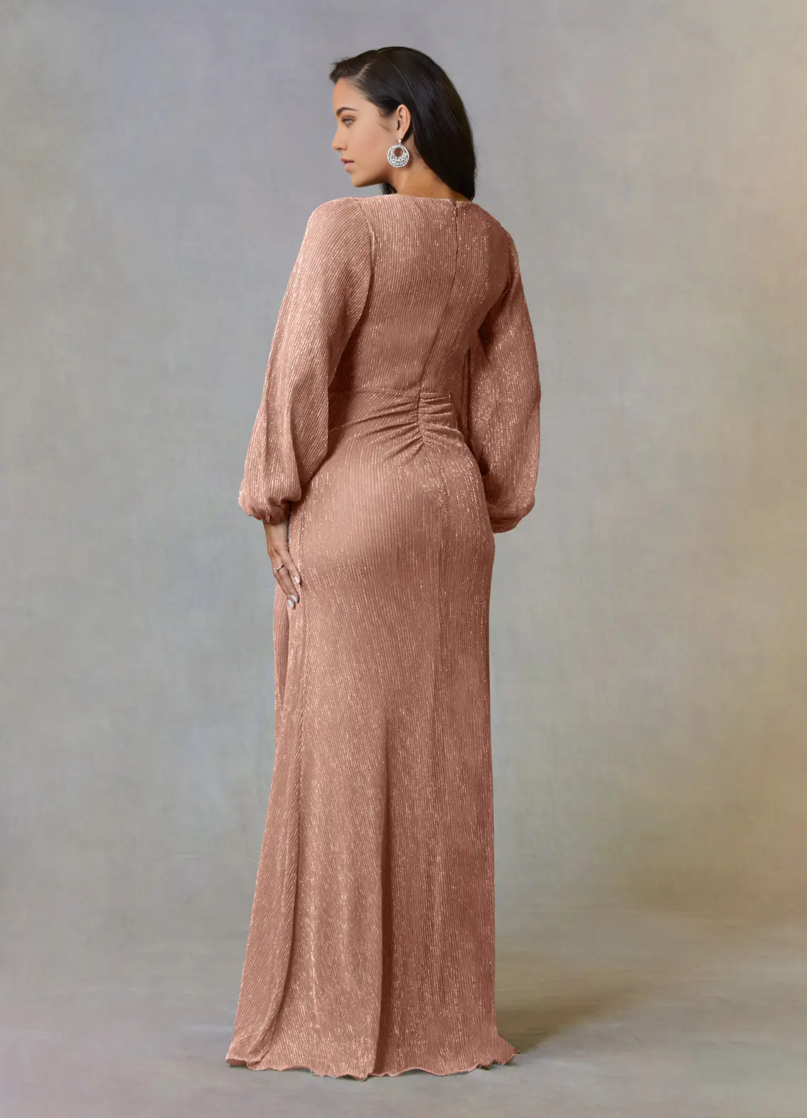 Wholesa A-Line V-Neck Long Sleeve Ruched Rose Gold Mother of the Bride Dresses